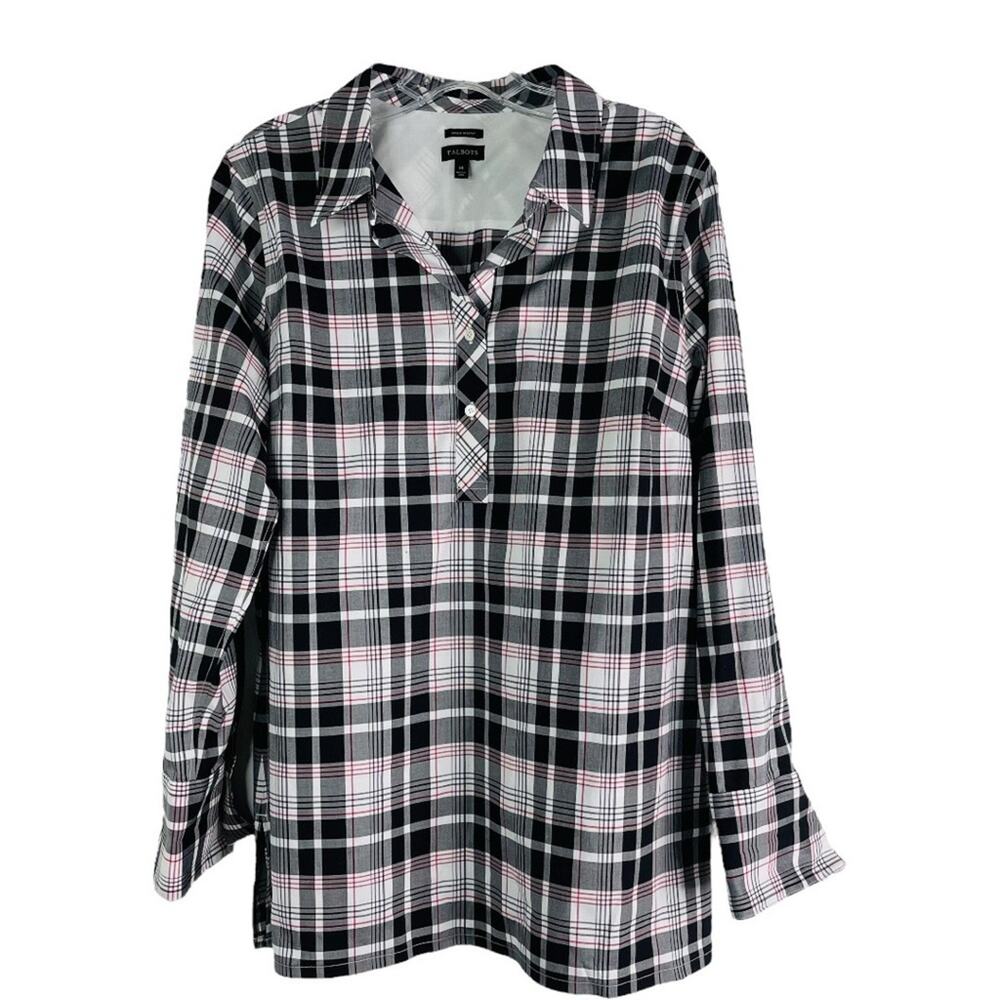 Talbots black white red plaid preppy popover button office shirt 14